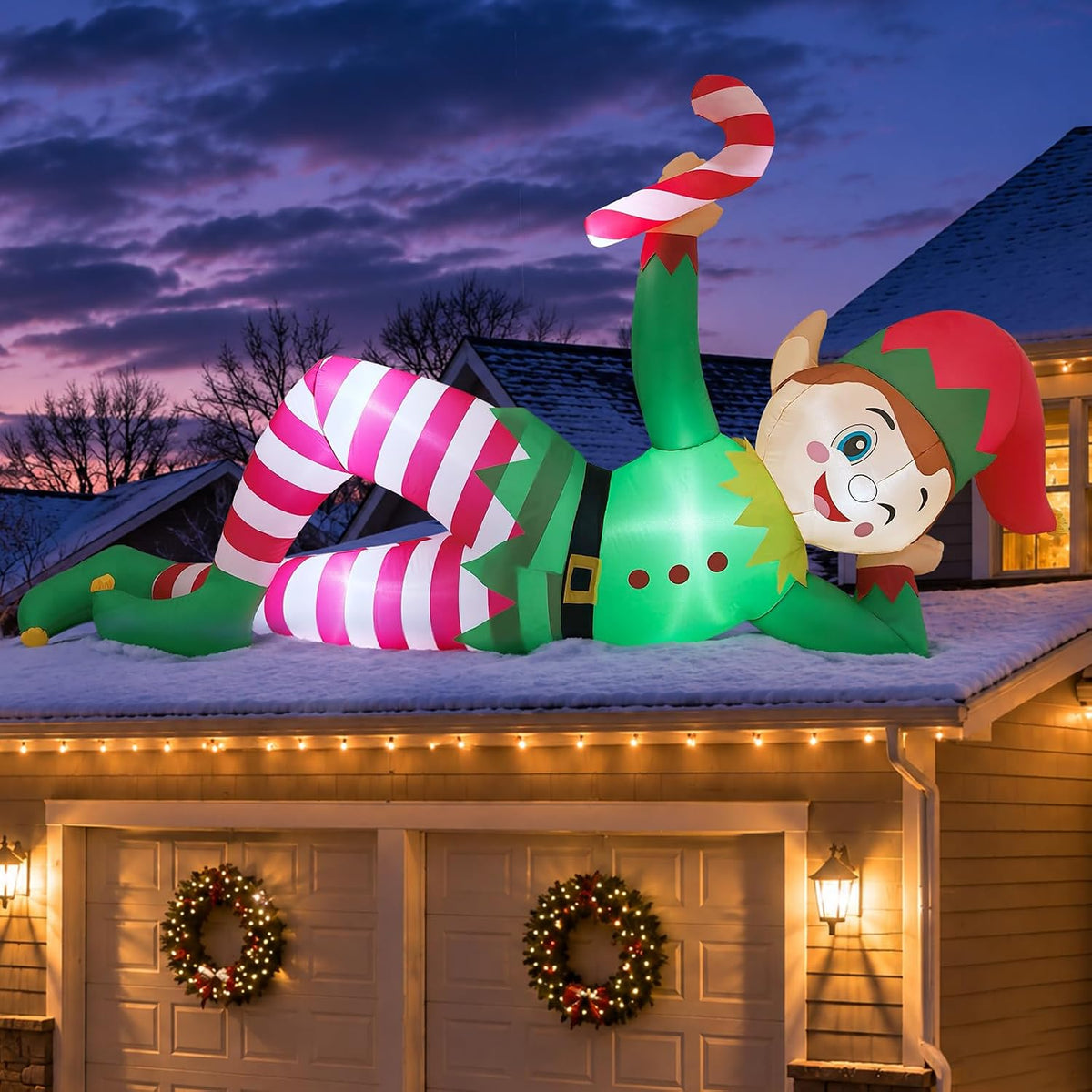 10 ft Lying Elf with Candy Cane Christmas Inflatable