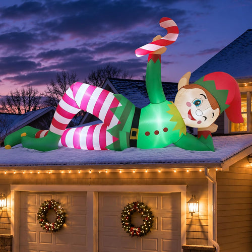 10 FT Christmas Inflatable Lying Elf with Candy Cane for Outdoor Yard Decor / Playful Winking and Waving De