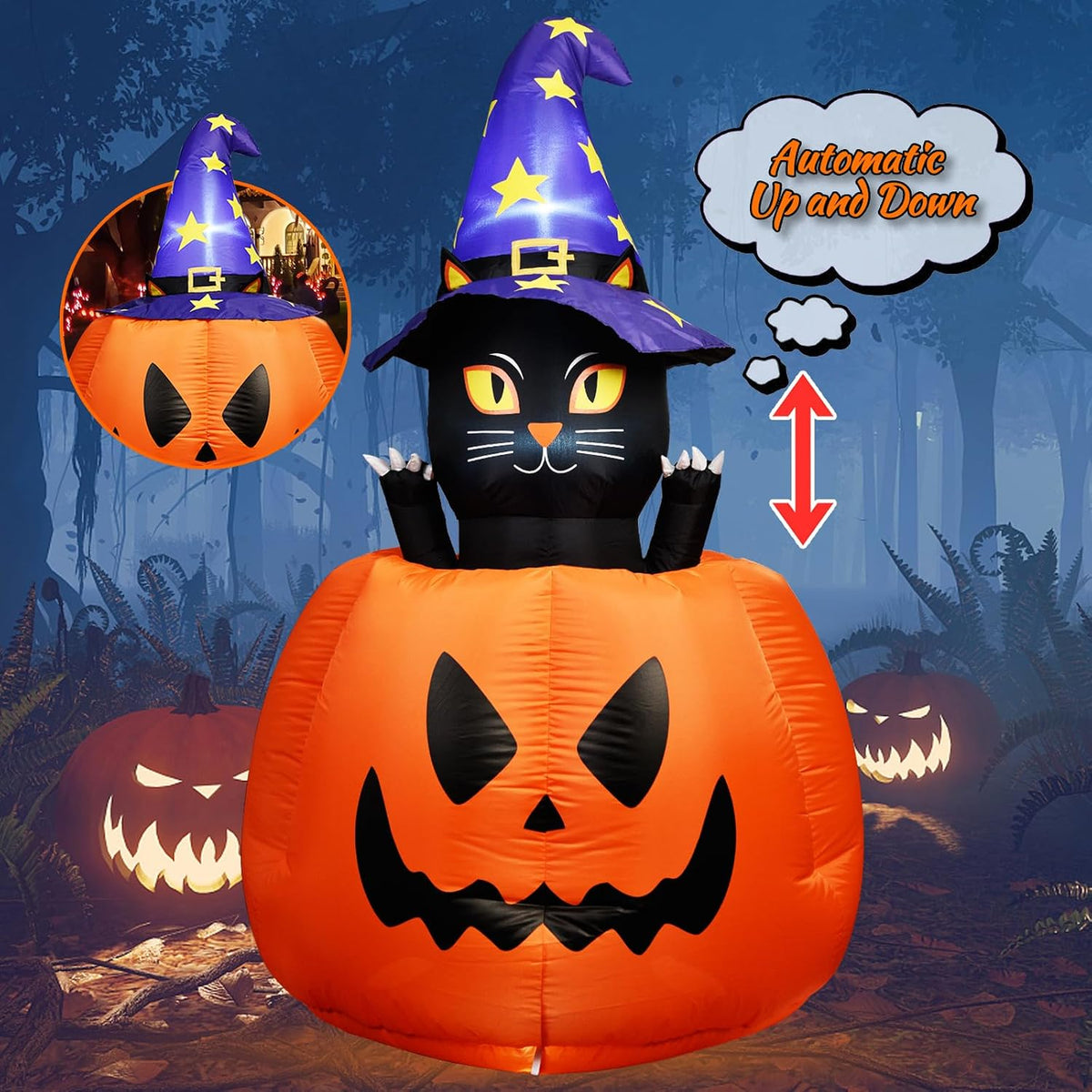 5.3 ft Animated Witch Cat in Pumpkin Halloween Inflatable, LED