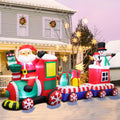 Christmas train inflatable with Santa driving, gift boxes and a snowman in the back car