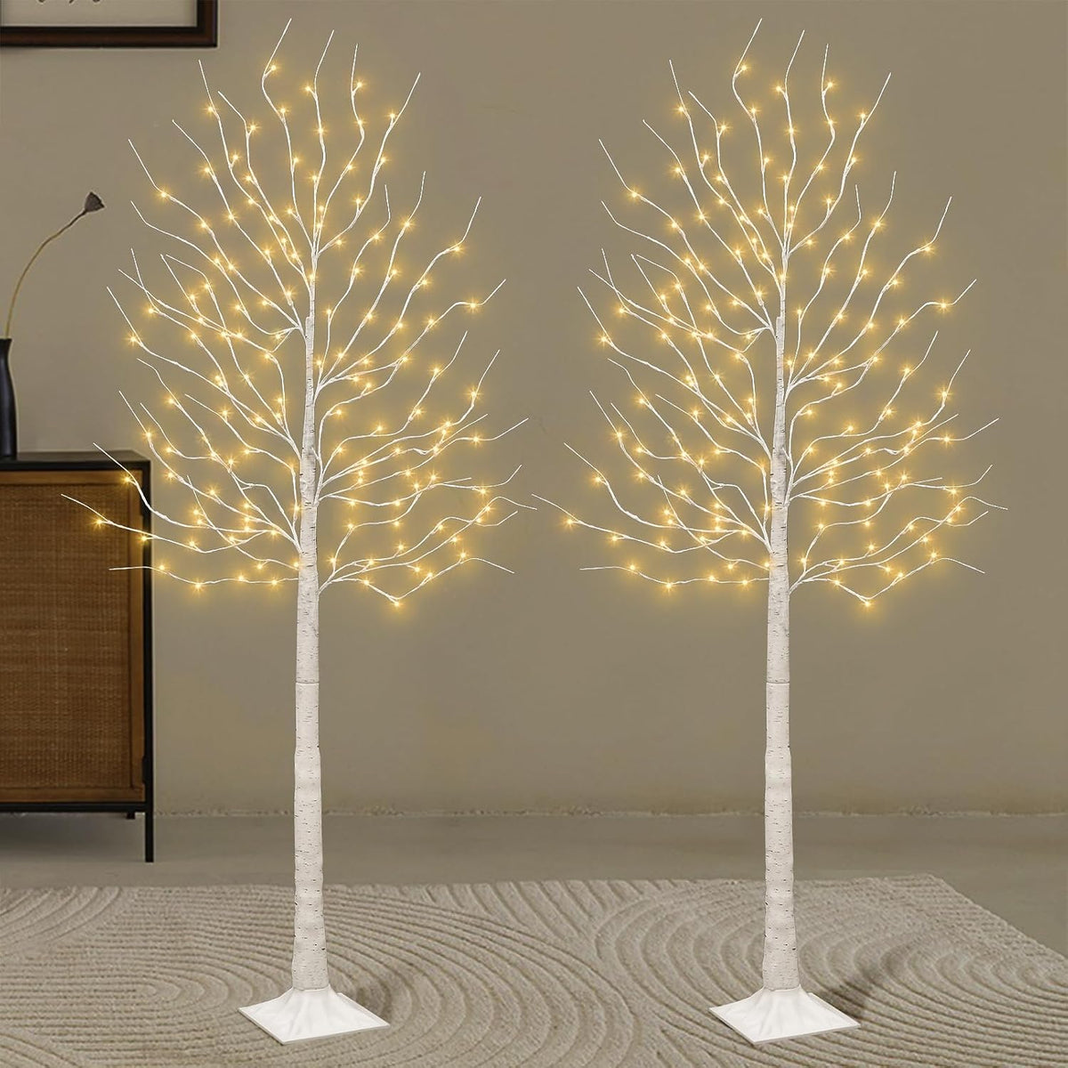 Set of 2 6 ft Lighted Birch Trees, 160 Warm White LEDs
