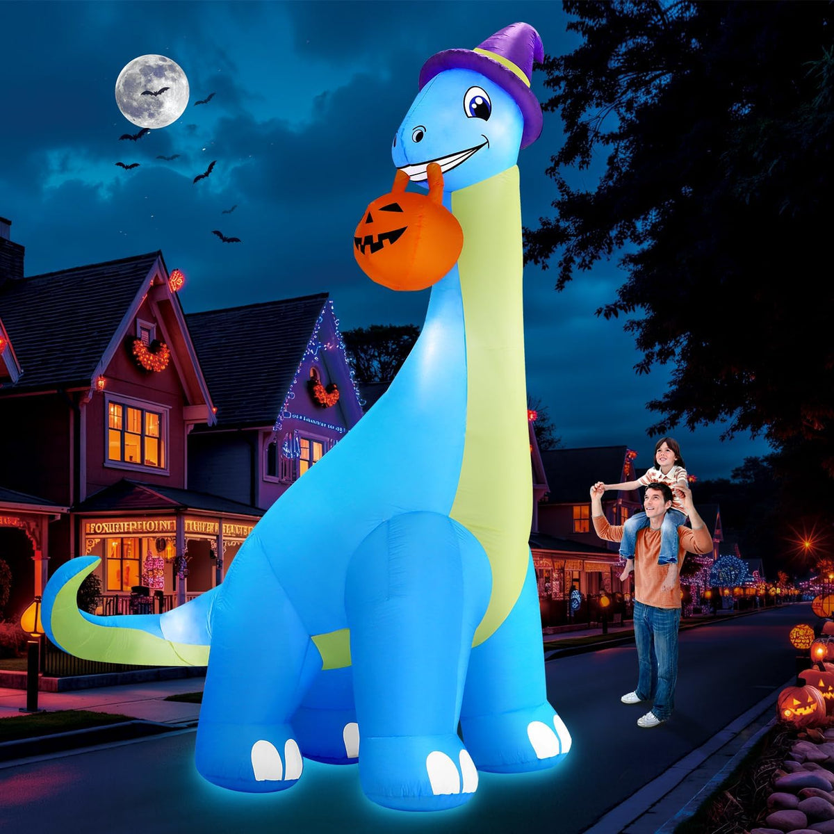 13 ft Giant Dinosaur Biting Pumpkin Halloween Inflatable, LED