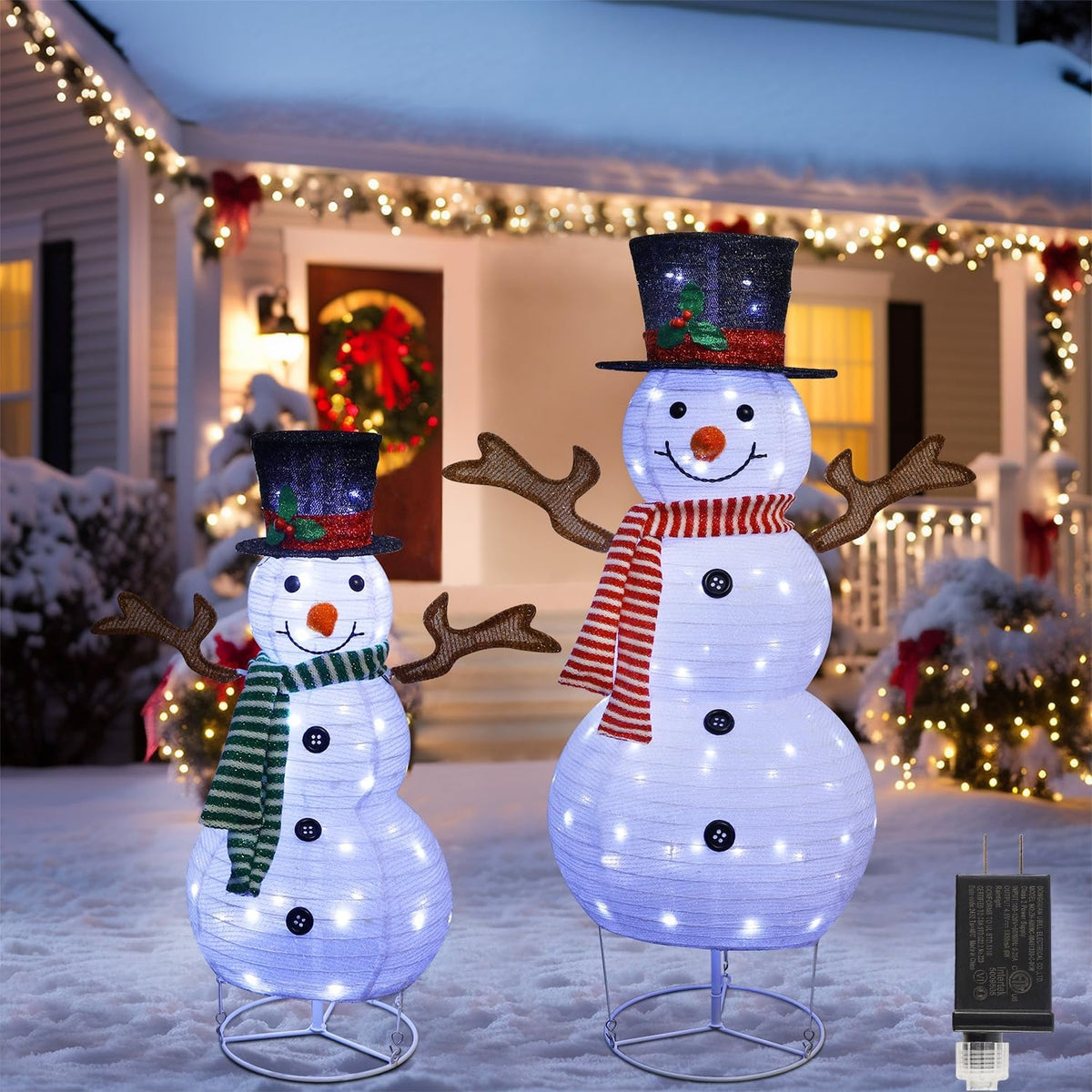 Set of 2 Lighted Collapsible Snowmen, 3.5 and 2.3 ft
