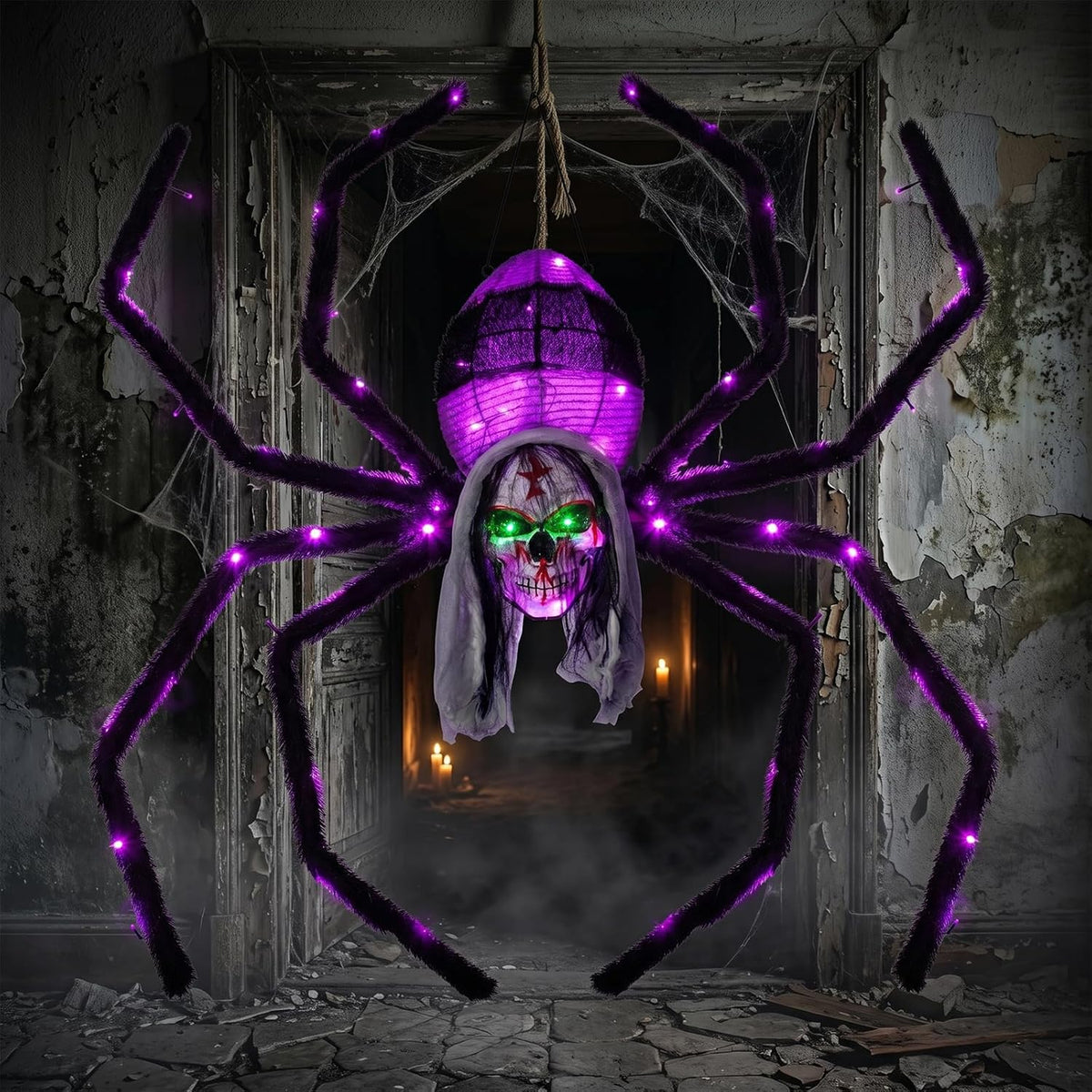 52 in Lighted Skull Face Spider with Flashing Eyes, 70 LEDs