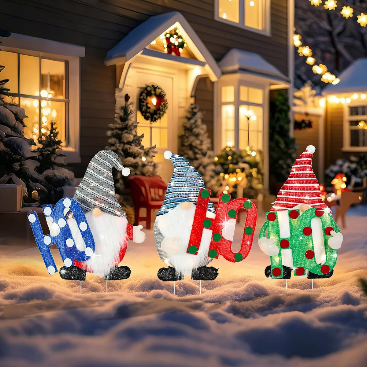 Lighted Christmas Gnome Yard Stakes, Battery with Timer