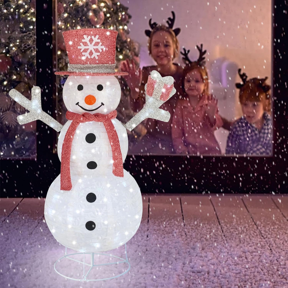 Pop-Up Lighted Holiday Snowman, 100 Lights, Collapsible