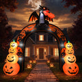 Black Halloween arch inflatable with a dragon on top and stacked glowing pumpkins at each side