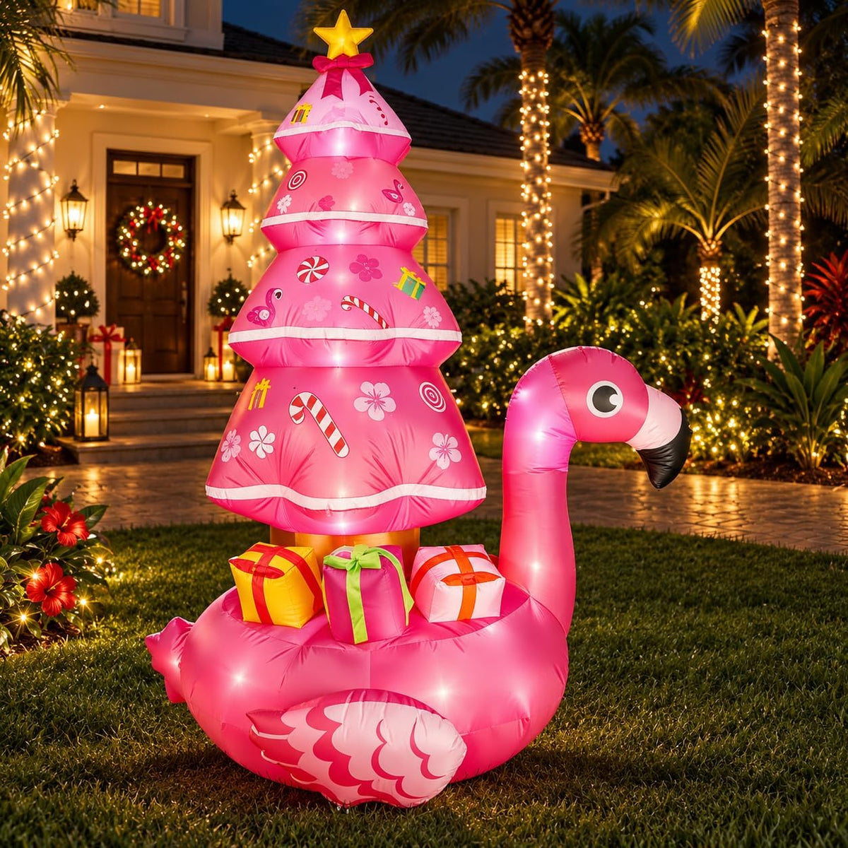 7 ft Pink Flamingo Christmas Inflatable with LED Lights