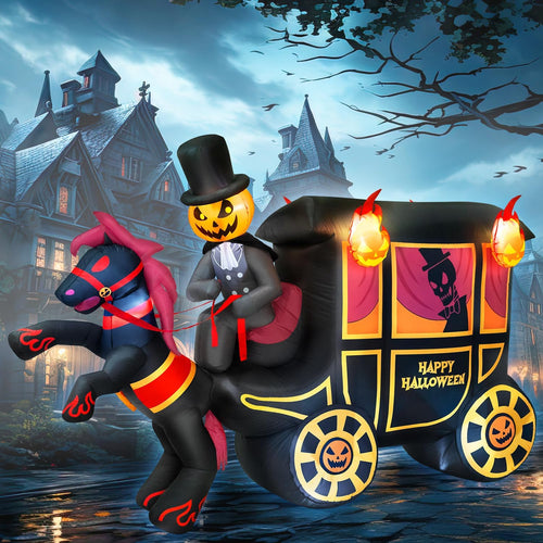 10FT Long Halloween Inflatables Built-in LED Light Pumpkin-Headed Horse Carriage, Giant Halloween Decorations