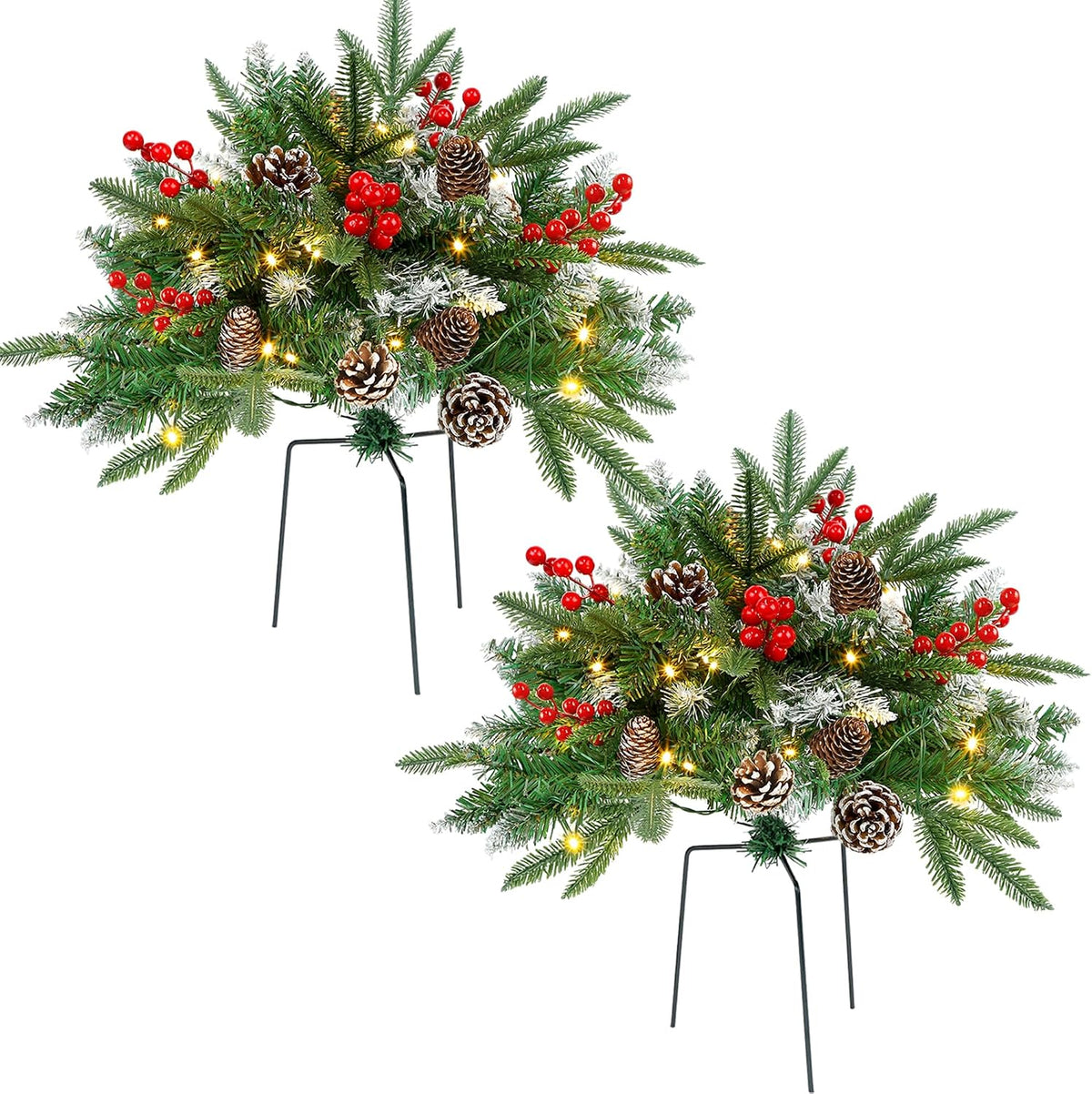 Set of 2 Lighted Christmas Urn Filler Pine Trees, Battery