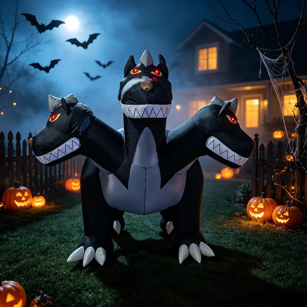 6 ft Three-Headed Hellhound Halloween Inflatable, Red LED