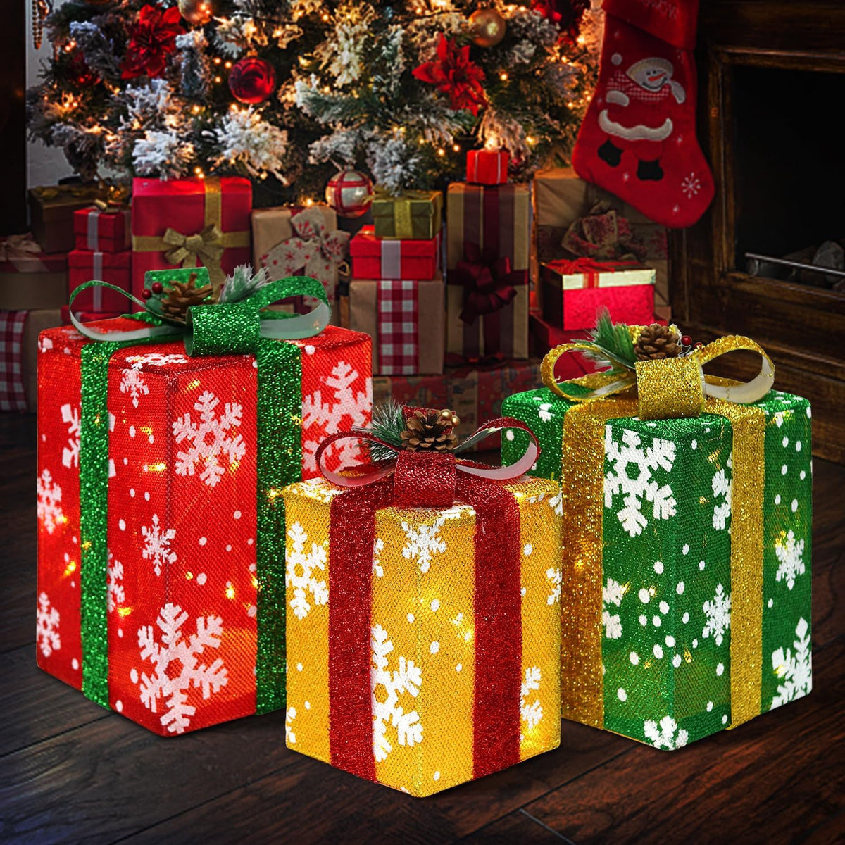Set of 3 Lighted Christmas Gift Boxes, 60 LEDs, Plug-In