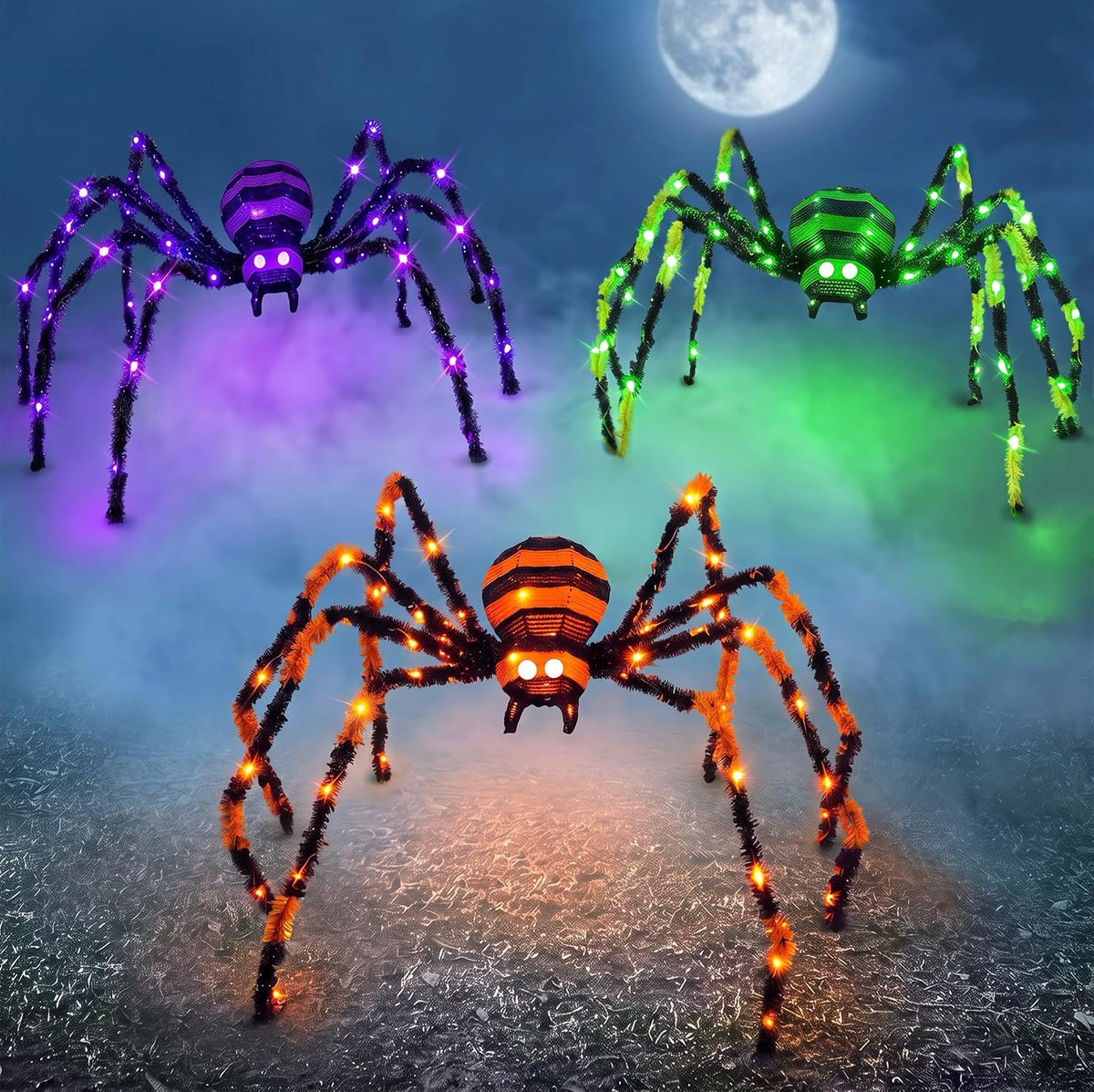 3-Pack 4.1 ft Lighted Halloween Spiders, 8 Light Modes