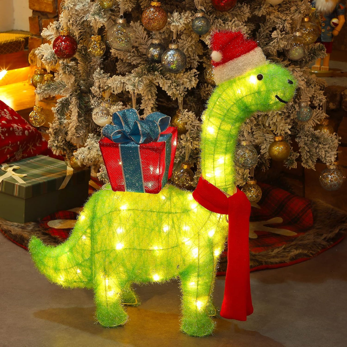 27 in Lighted Green Dinosaur with Gift Christmas Decor